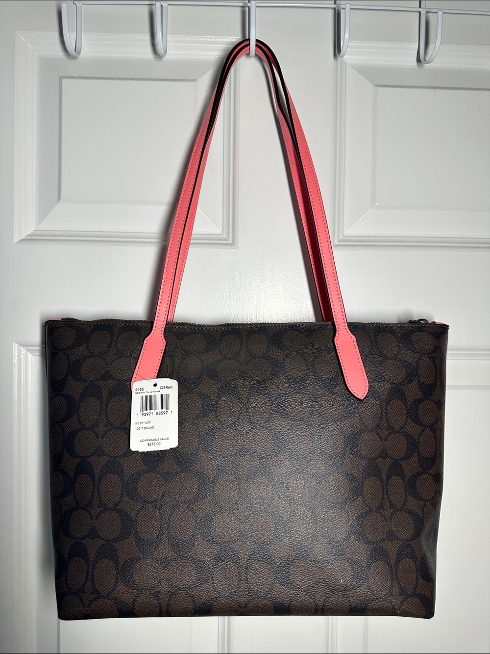 NWTS Coach Brown Signature Tote w/Pink/Coral Leather Handles 🩷🌸🤎 - Picture 2 of 14